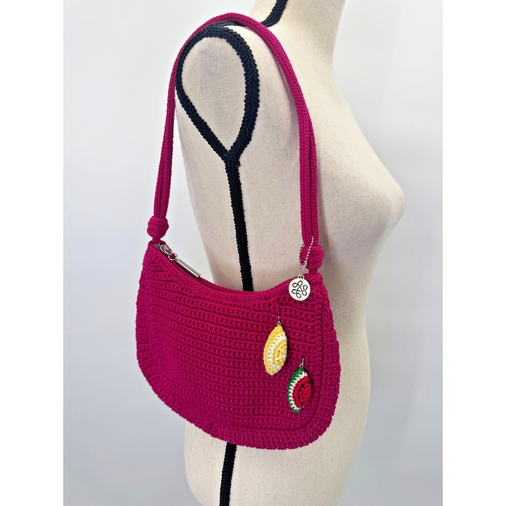 The Sak Josie Hot Pink Fuschia Crochet Mini Shoulder Bag Fruit Charms Macrame